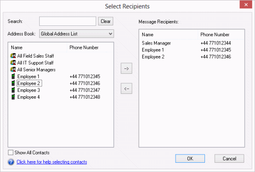 Outlook Addin for SMS integrates with Address Book